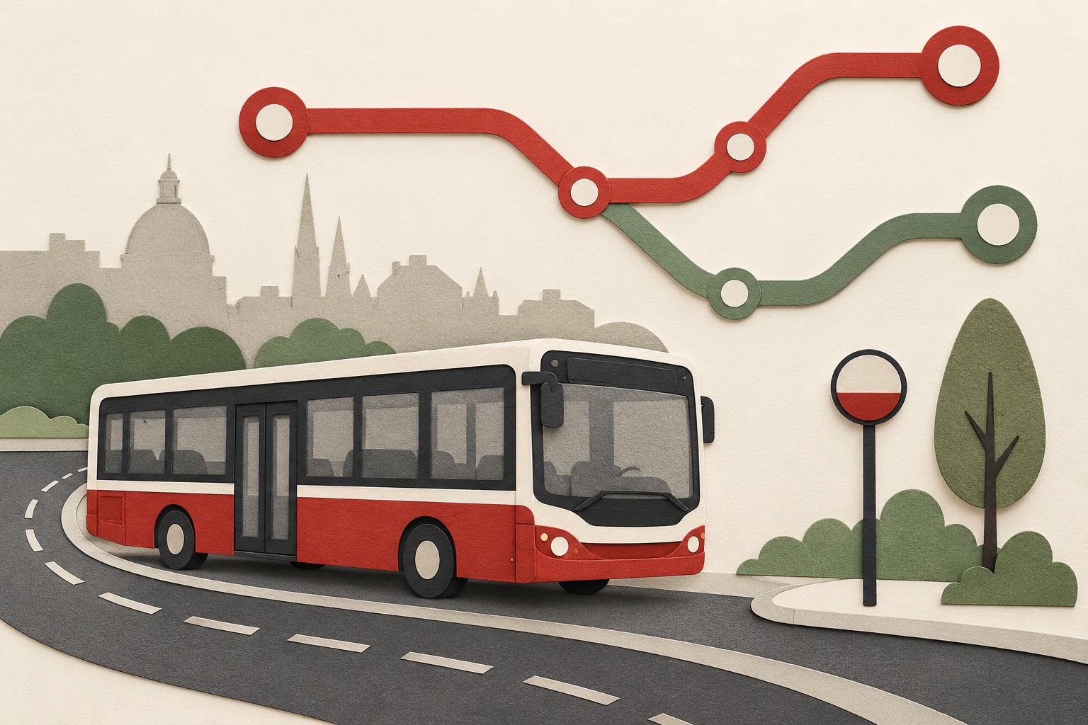 Symbolische Papierillustration eines rot-weißen Stadtbusses mit geschwungener Straße, abstrakten Linien und unbeschrifteter Haltestelle.
