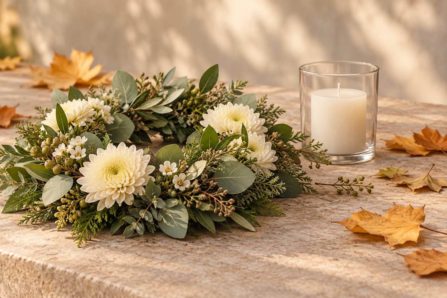 Symbolisches Stillleben aus einem Blumenkranz, einer unangezündeten Kerze im Glas und Herbstblättern.