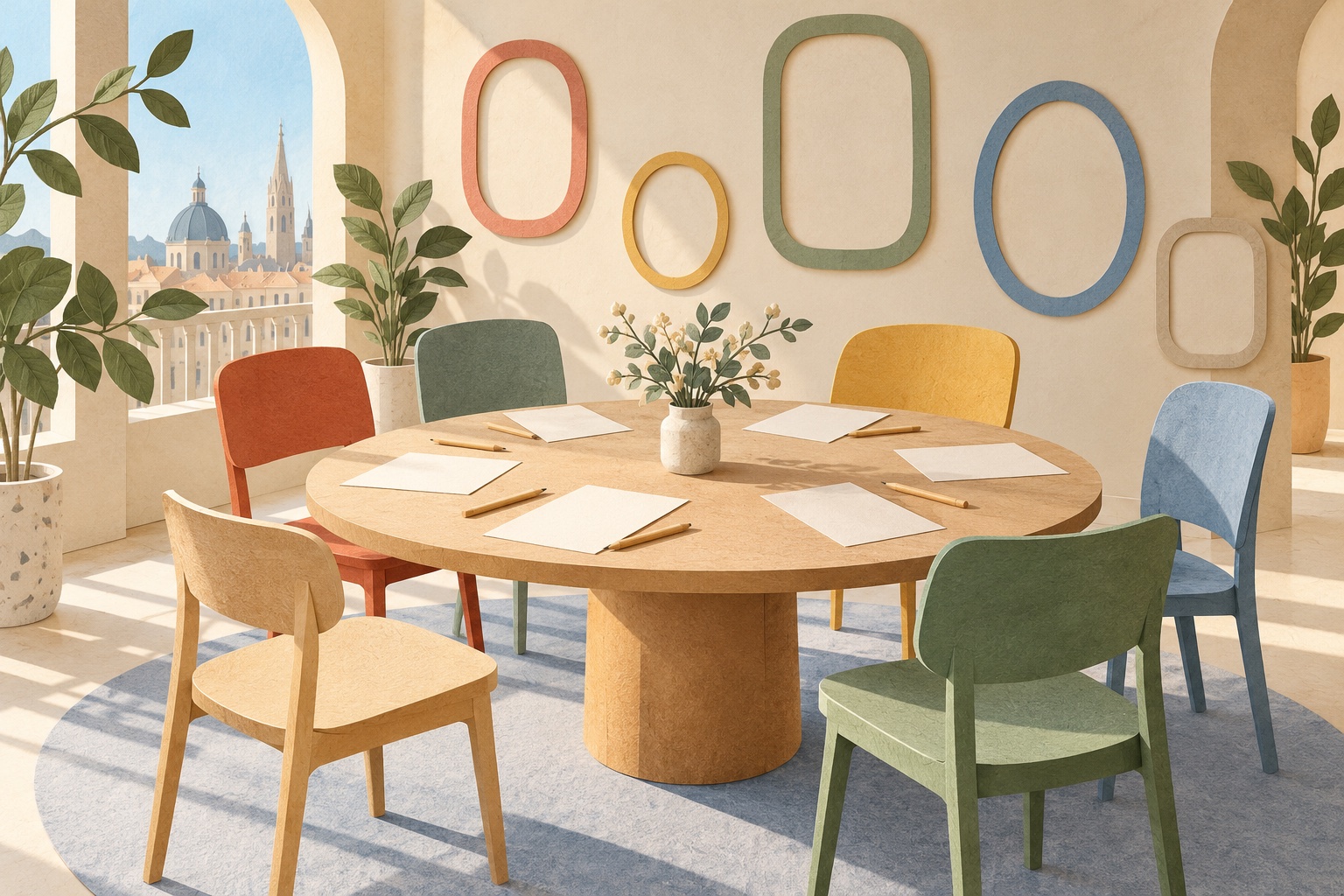 Symbolische Papierillustration verschiedenfarbiger Stühle um einen Tisch mit leeren Blättern und Bilderrahmen.