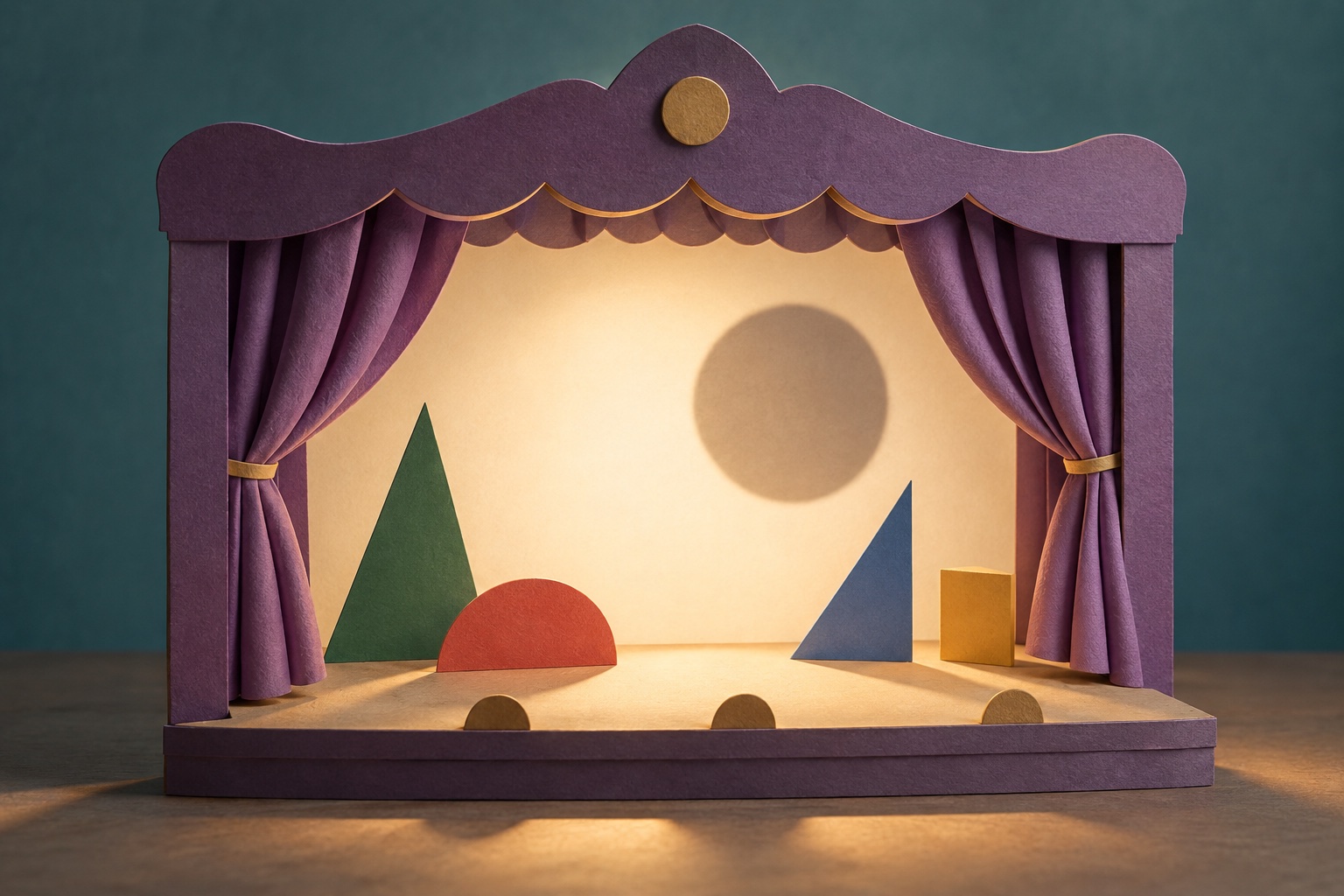 Symbolische Papierillustration einer erfundenen kleinen Theaterbühne mit violetten Vorhängen und abstrakten Formen; keine tatsächliche LILARUM-Kulisse.