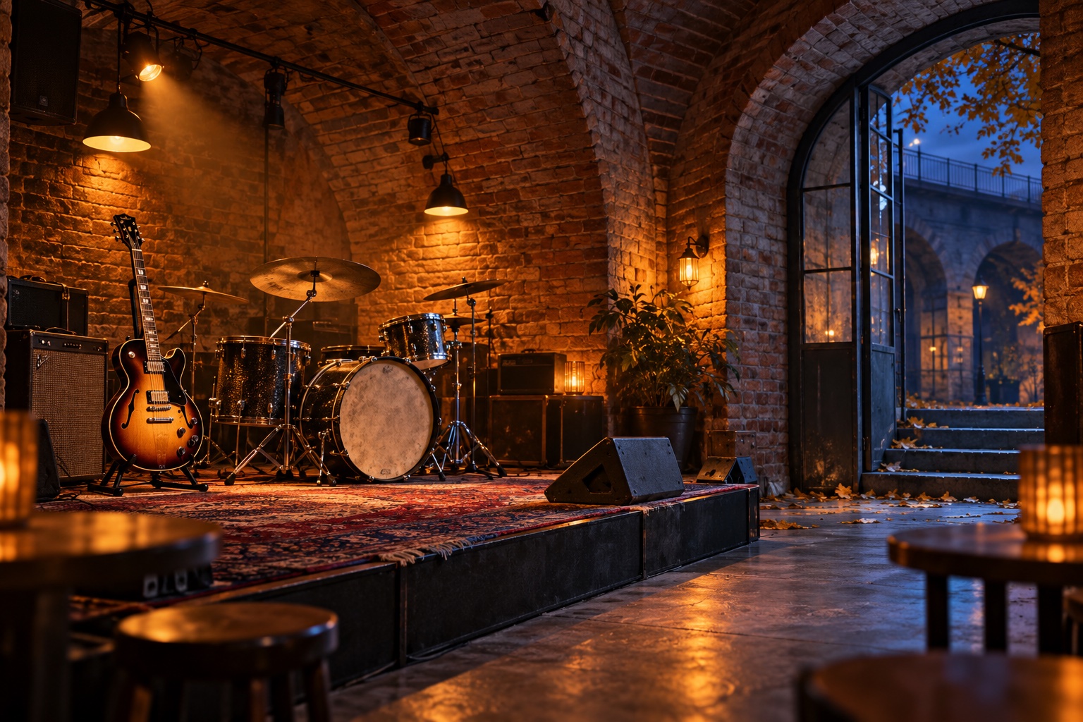 Symbolische Illustration einer erfundenen Musikbühne mit Gitarre und Schlagzeug unter einem Backsteingewölbe.