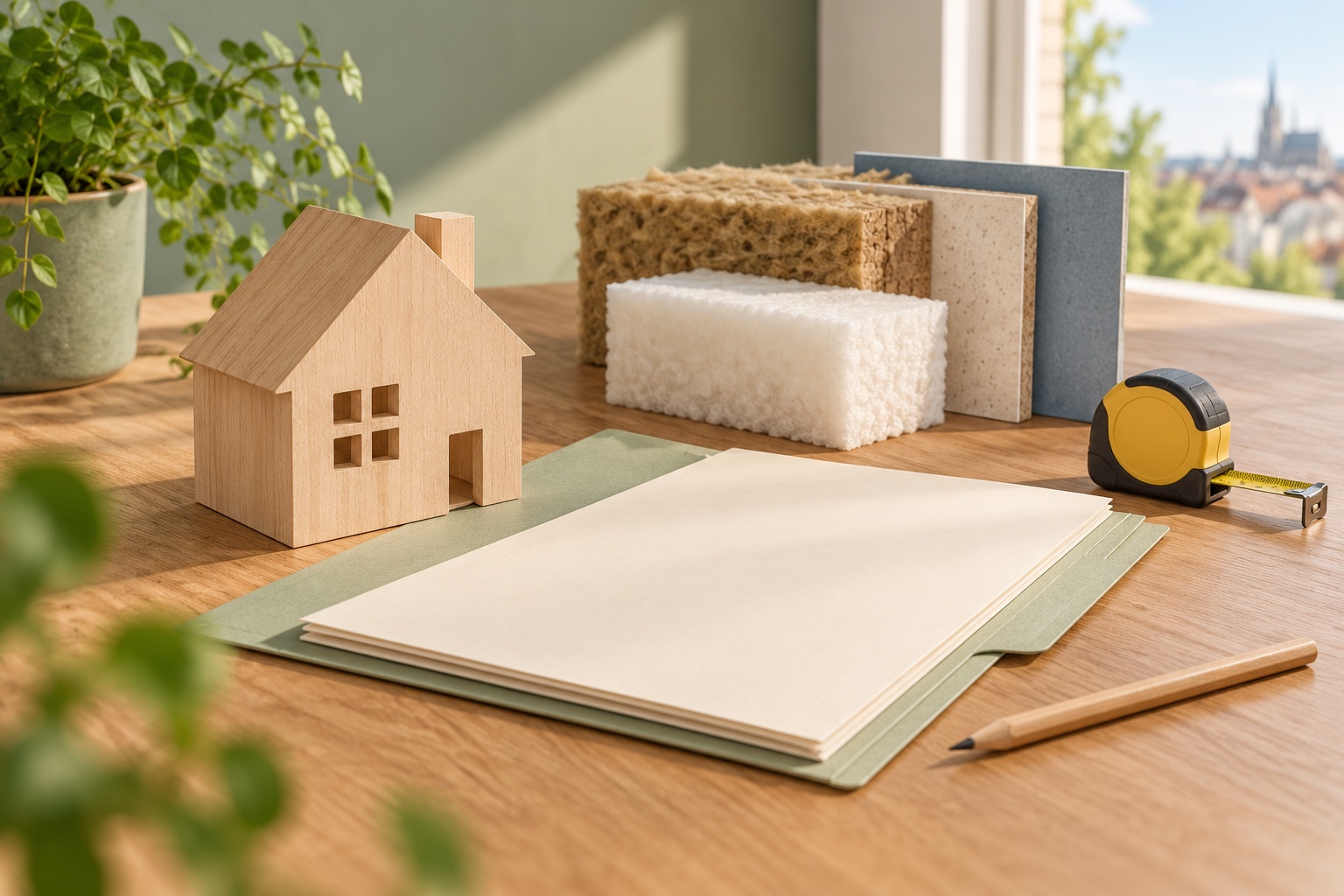 Symbolisches Stillleben mit Holzhausmodell, leerer Mappe, Stift, Materialmustern und Maßband auf einem Planungstisch.