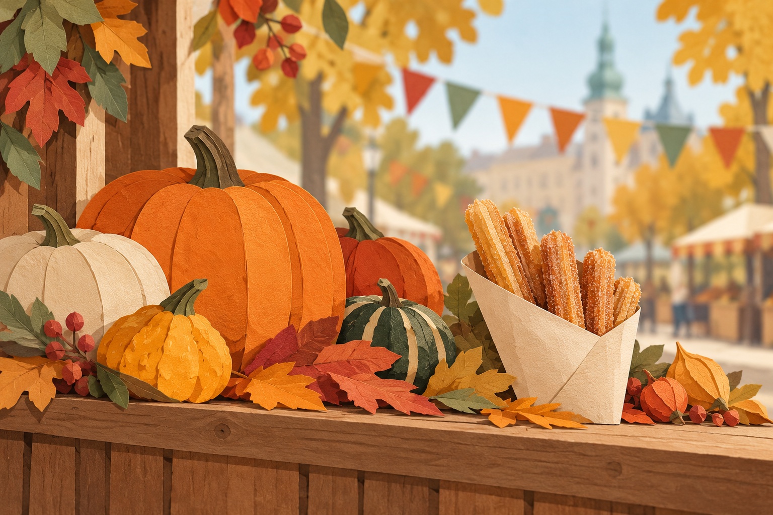 Symbolische Papierillustration eines erfundenen Herbststands mit Kürbissen, Blättern und einer Tüte Churros.