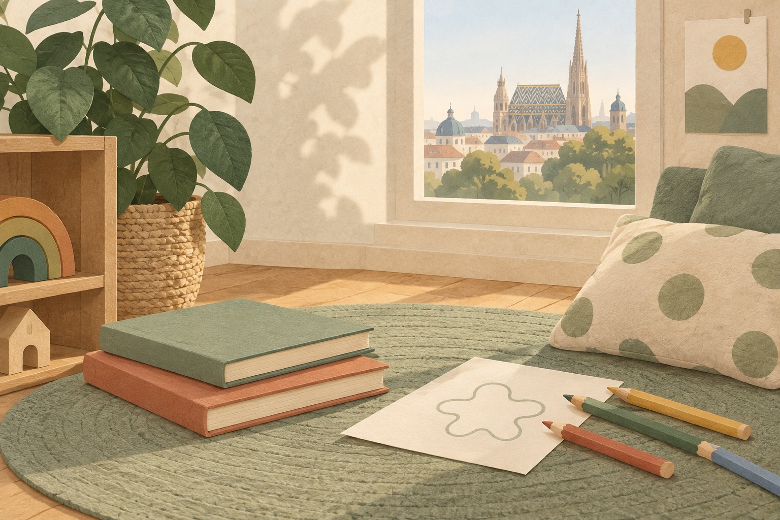Erfundene Papierillustration einer ruhigen Leseecke mit Büchern, Buntstiften, Ausmalblatt, Kissen und symbolischer Wienansicht.