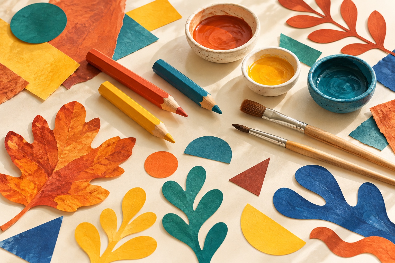 Symbolisches Stillleben aus bunten Stiften, Pinseln, Farbschalen und ausgeschnittenen Papierformen für kreative Herbstferien.