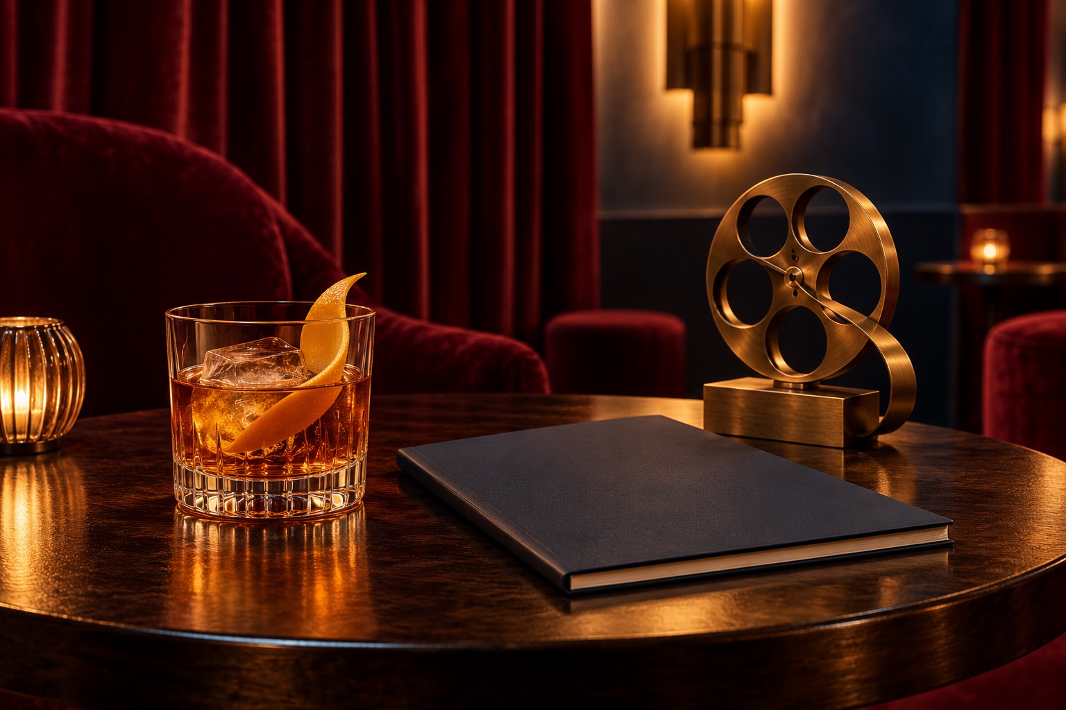 Symbolisches Stillleben mit Drink, unbeschriftetem Filmprogramm und erfundener Filmrollenskulptur vor einem Samtvorhang.