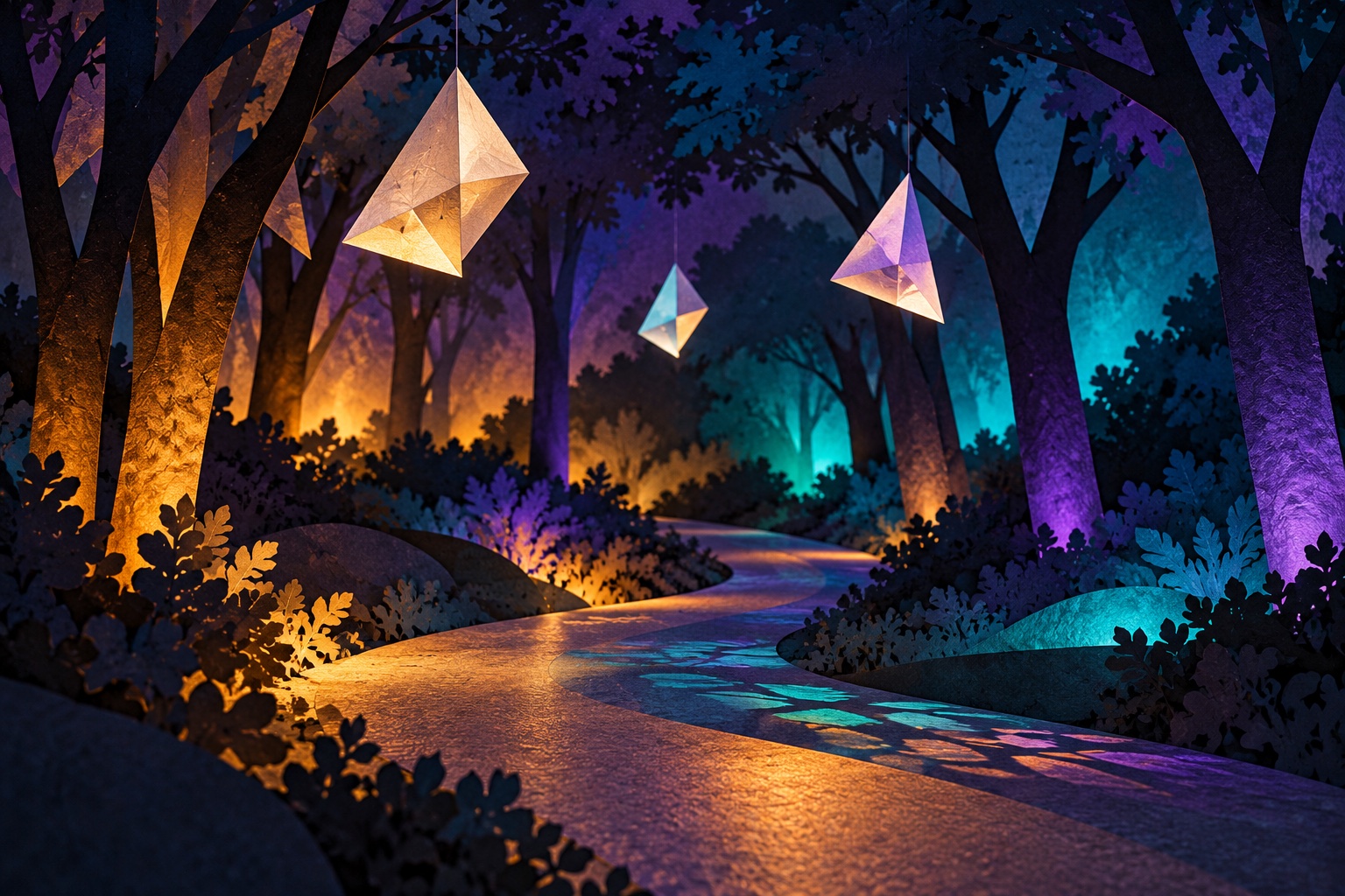 Frei erfundene symbolische Papierillustration eines dunklen Parkwegs mit leuchtenden geometrischen Formen und farbigen Lichtreflexionen.