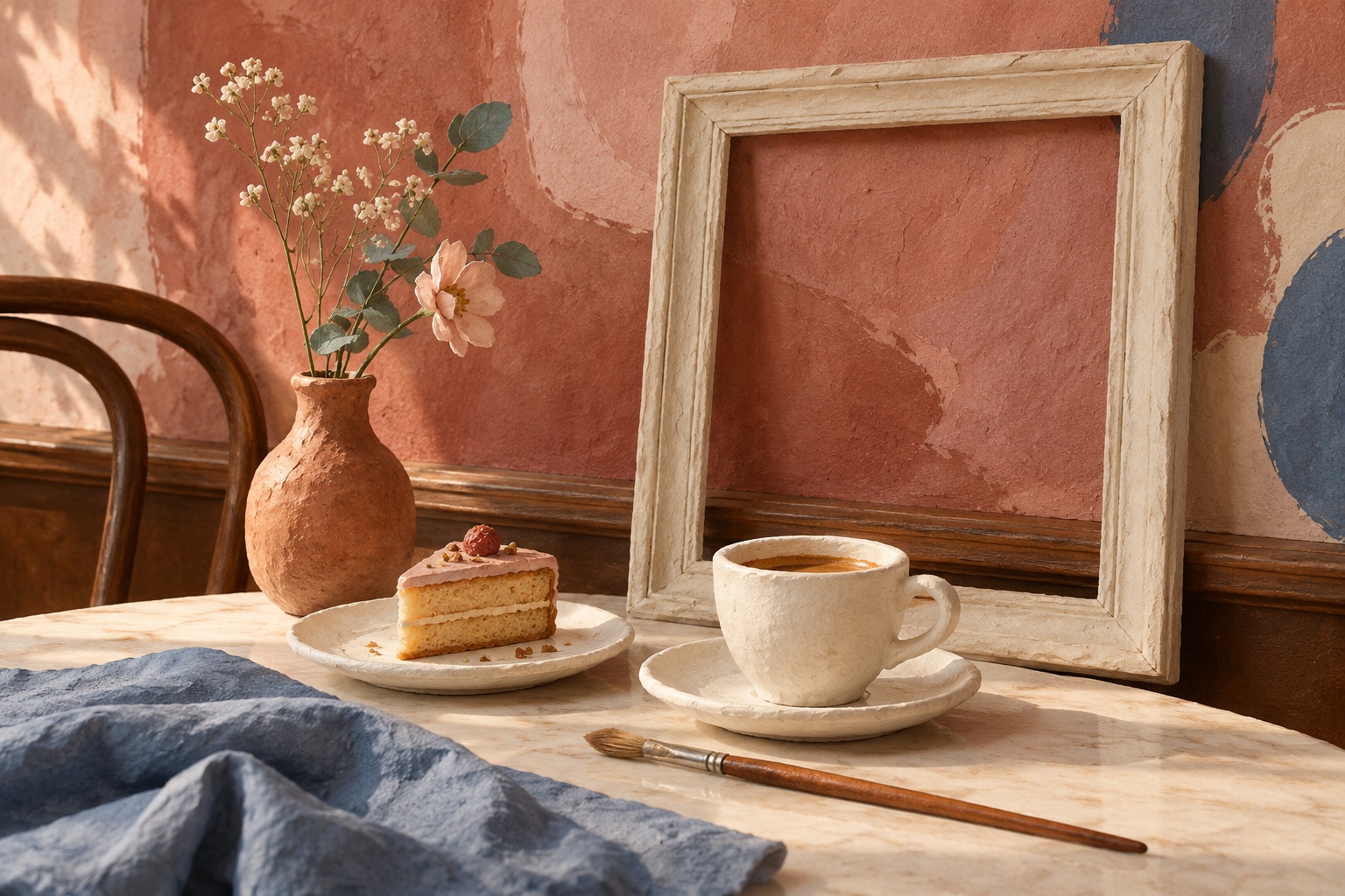 Symbolisches Stillleben mit Kaffee, Kuchen, Pinsel und leerem Bilderrahmen in einem erfundenen Café.