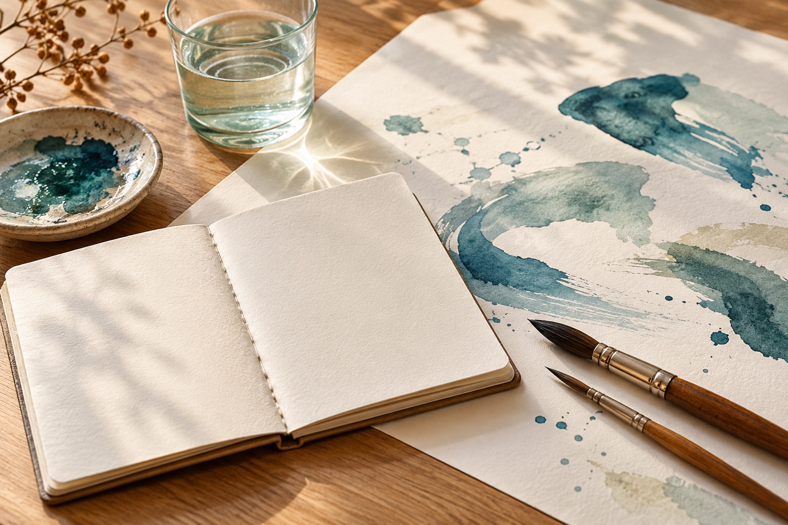 Symbolisches Stillleben mit Pinseln, Wasserglas, leerem Skizzenbuch und frei erfundenen blaugrünen Farbspuren auf Papier.