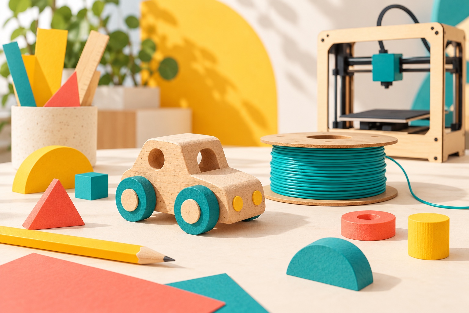Symbolisches Stillleben mit Holzspielzeugauto, Filamentrolle, Stift und erfundenem kleinem 3D-Drucker.