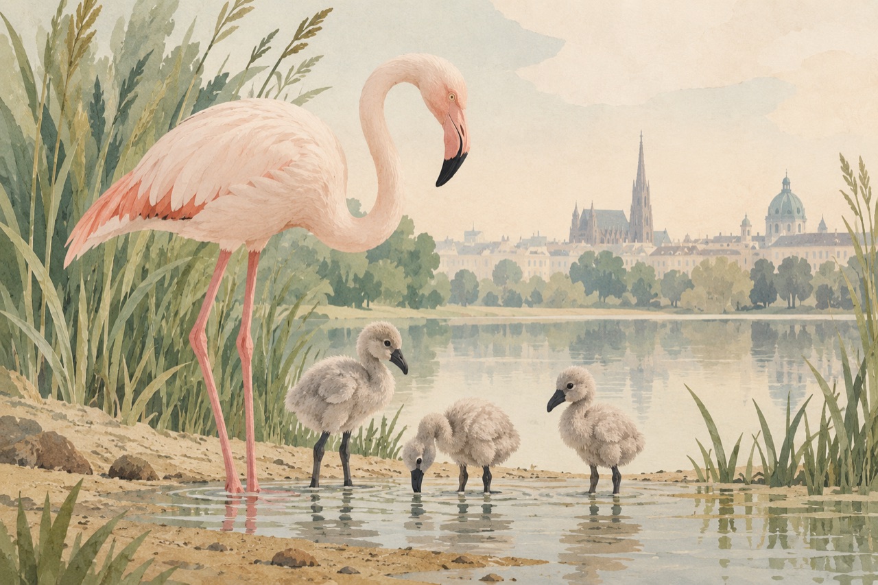 Illustration eines rosa Flamingos mit drei grauen Küken am Wasser.