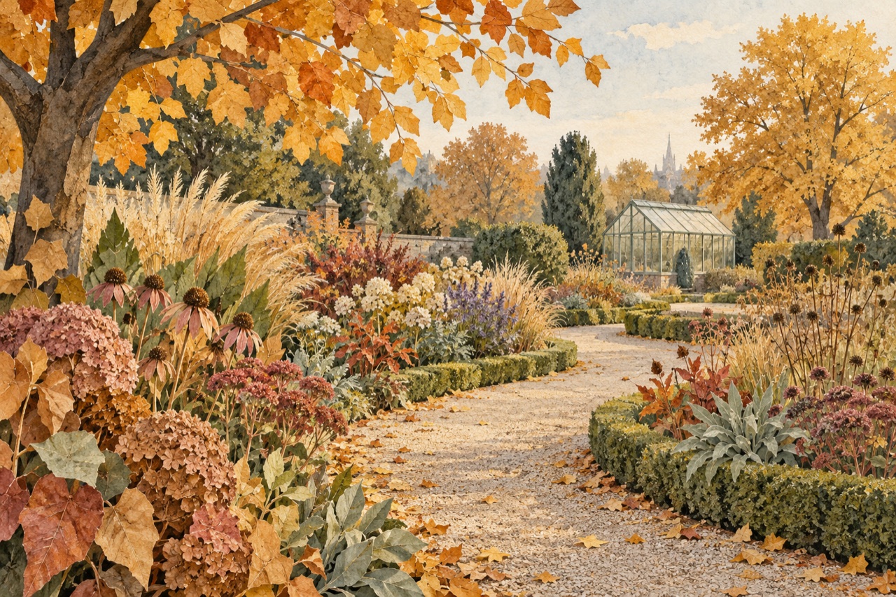 Herbstliche Illustration eines Gartenwegs mit Blumenbeeten, goldenen Bäumen und einem Gewächshaus.