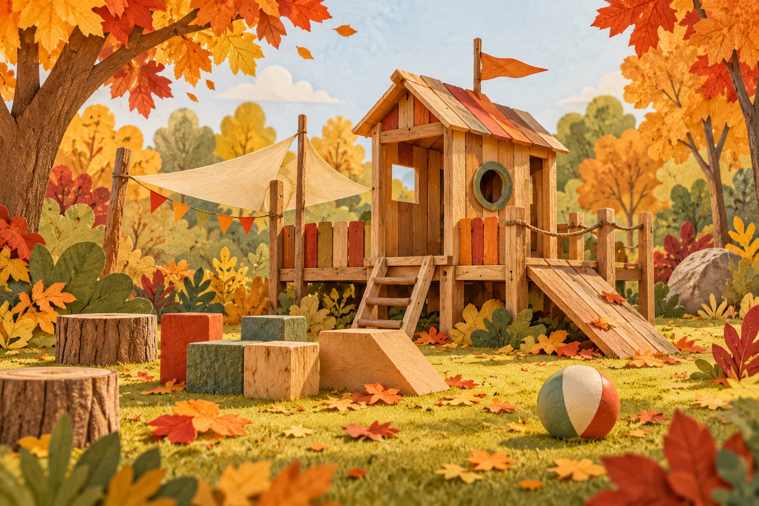 Symbolische Papierillustration eines erfundenen Holzspielhauses mit Bausteinen und Ball zwischen herbstlichen Bäumen.