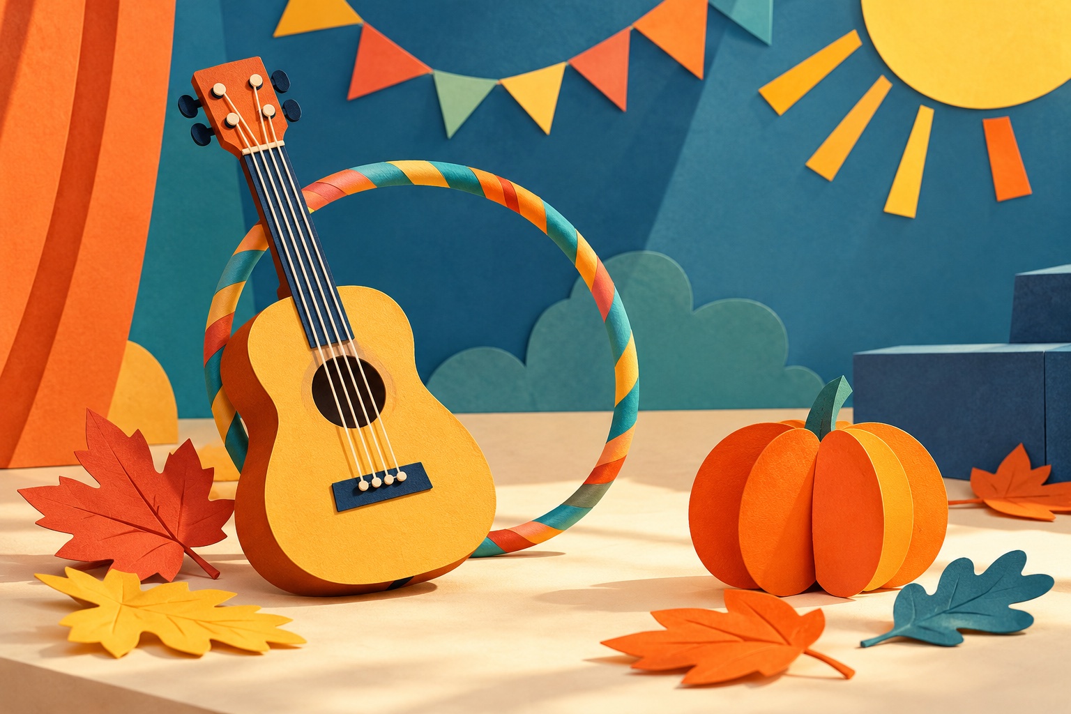 Symbolische Papierillustration einer Gitarre mit Hula-Hoop-Reifen, Papierkürbis und bunten Herbstblättern.