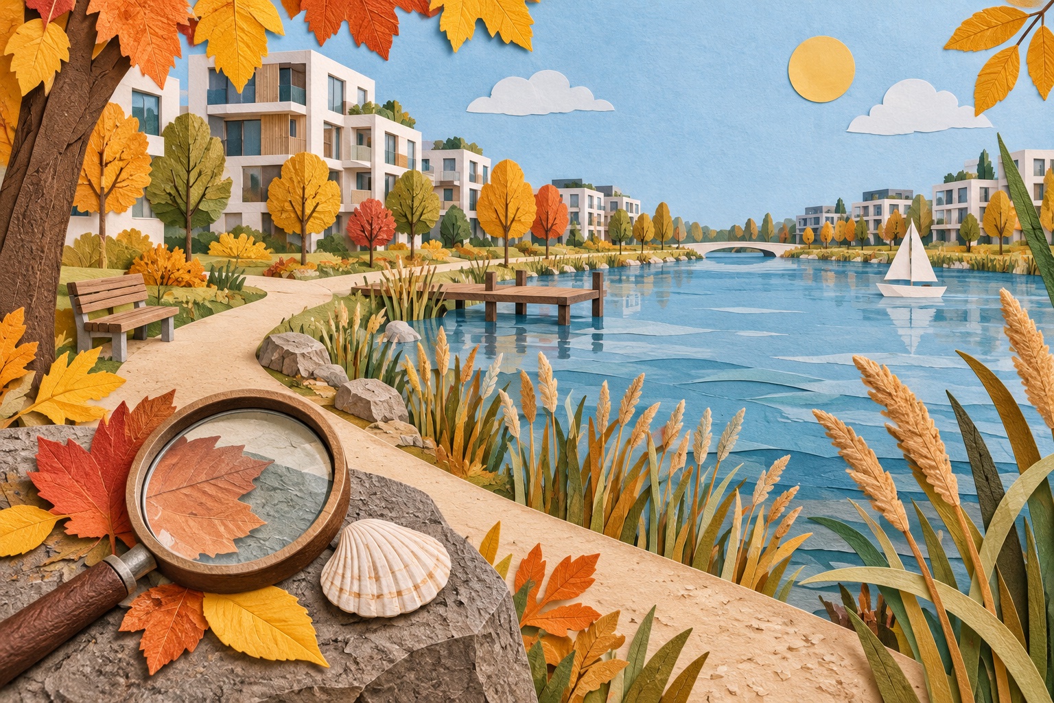 Symbolische Papierillustration einer erfundenen Siedlung am See mit Herbstlaub, Muschel und Lupe im Vordergrund.