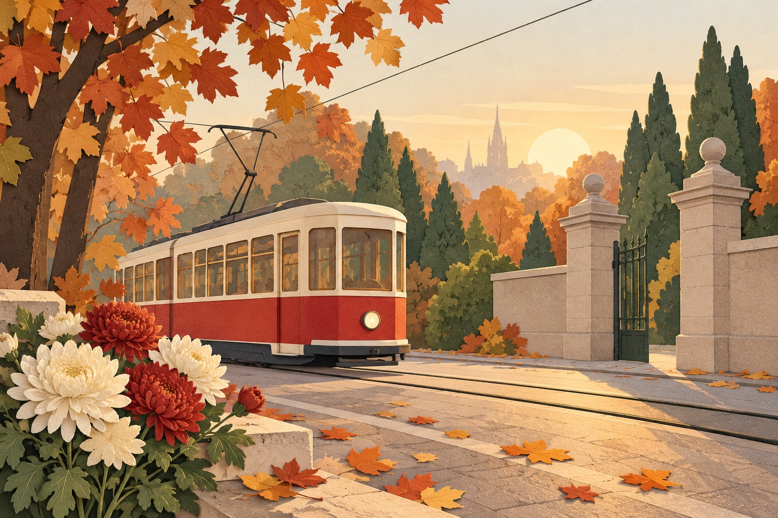 Symbolische Papierillustration einer erfundenen rot-cremefarbenen Straßenbahn neben Herbstbäumen, einem Tor und Blumen; keine tatsächliche Linie oder Haltestelle.