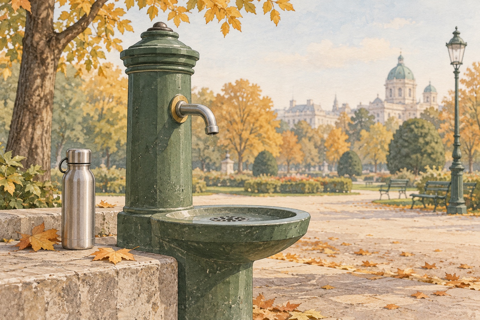 Symbolische Illustration eines erfundenen grünen Trinkbrunnens ohne Wasserstrahl, einer wiederbefüllbaren Flasche und herbstlichen Blättern.