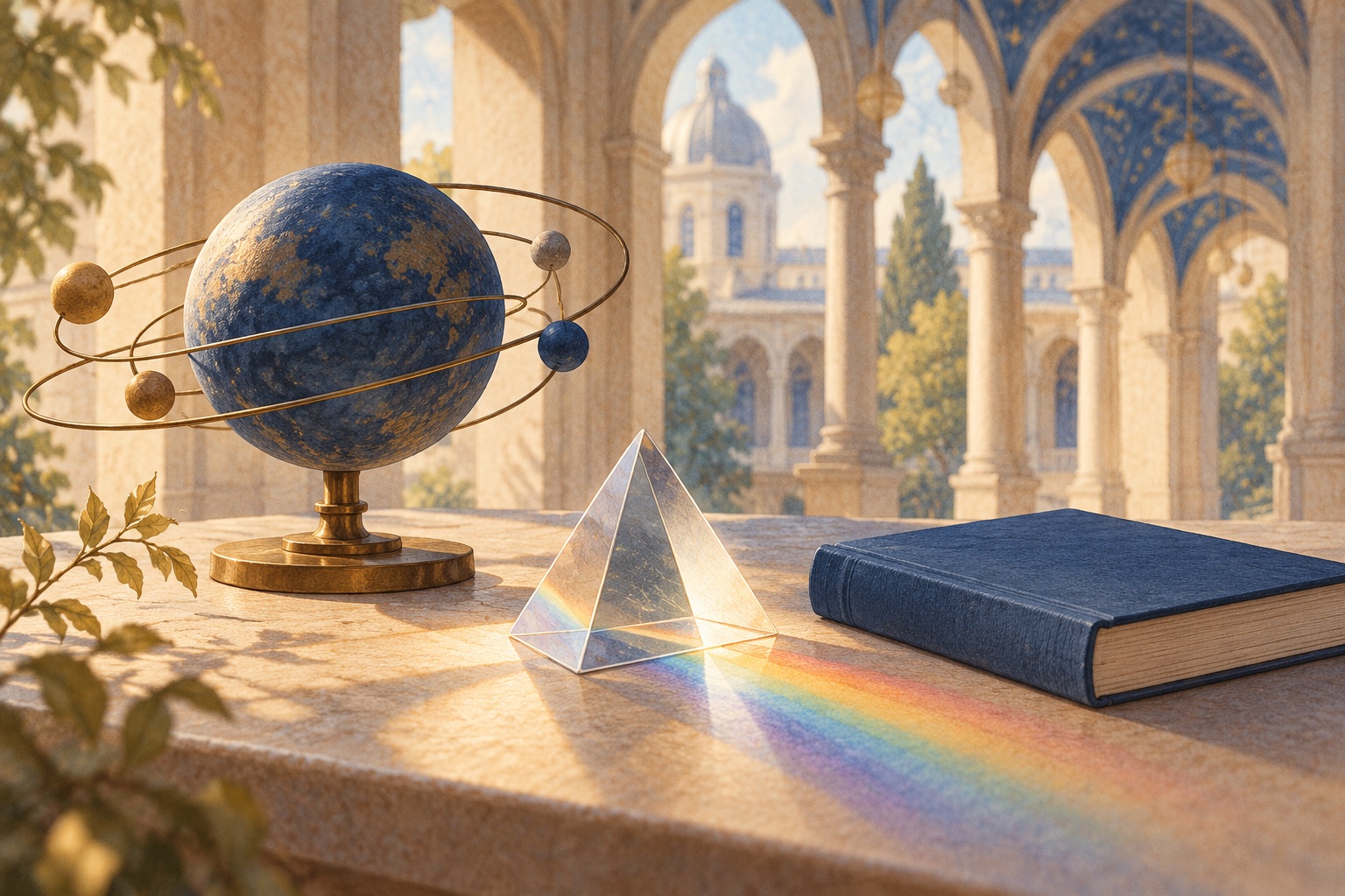 Symbolische Papierillustration mit erfundenem Planetenmodell, Prisma und Buch vor einer imaginären Universitätsarkade.