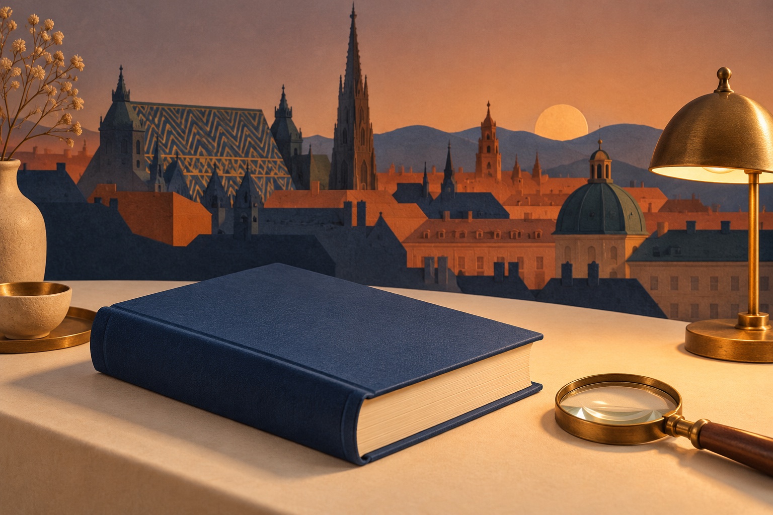 Symbolische Illustration eines unbeschrifteten Buches mit Lupe und Leselampe vor einer erfundenen Wiener Dachlandschaft.