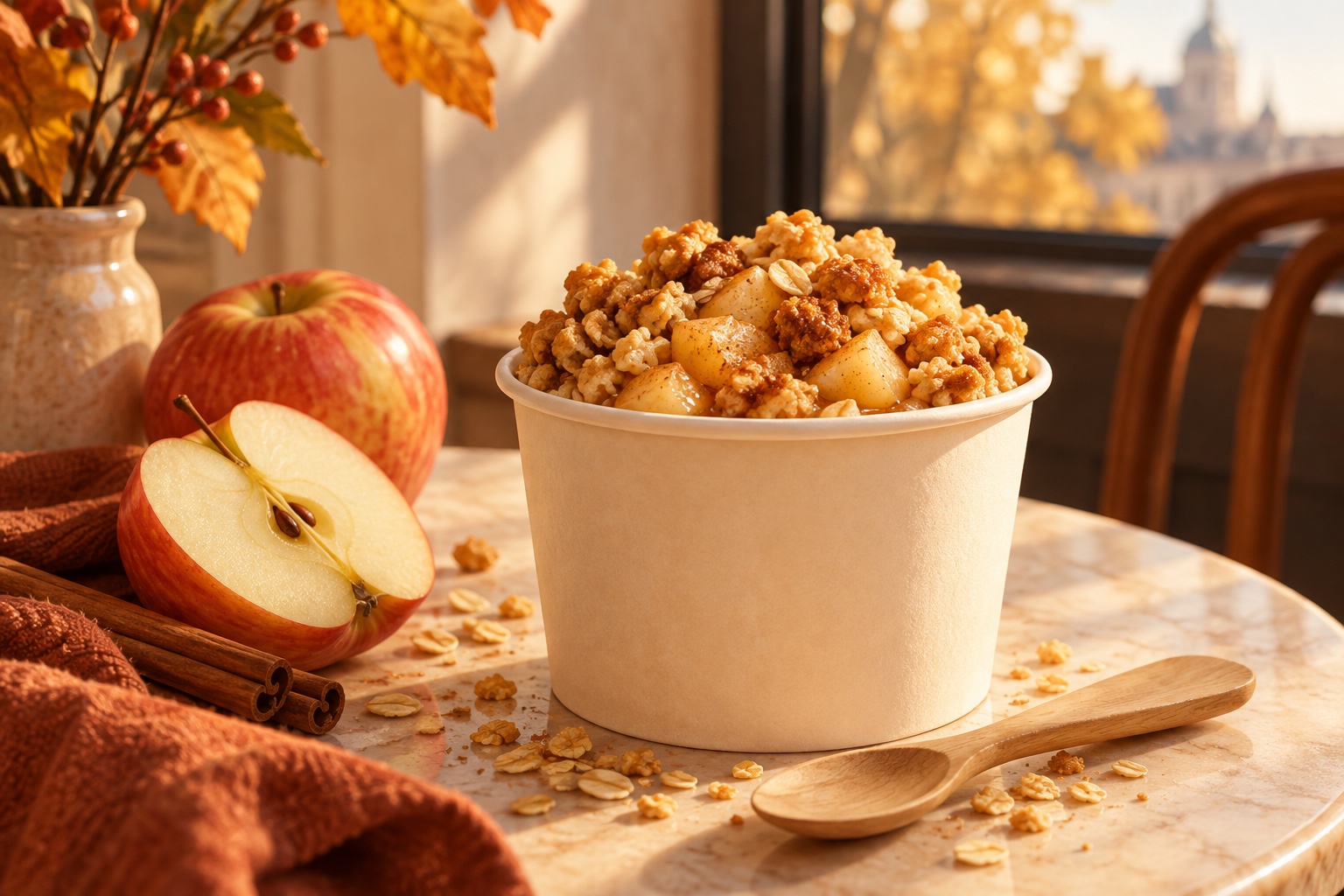 Symbolische Illustration eines erfundenen Apfel-Crumbles im unbedruckten Becher mit Holzlöffel; keine Aufnahme des tatsächlichen Krumble-Produkts.