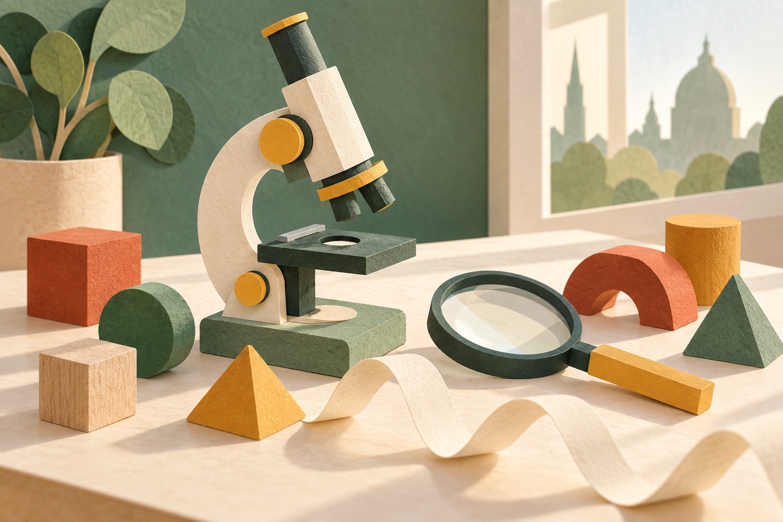 Erfundene Papierillustration mit Mikroskop, Lupe, bunten geometrischen Bausteinen und einem geschwungenen Papierstreifen.