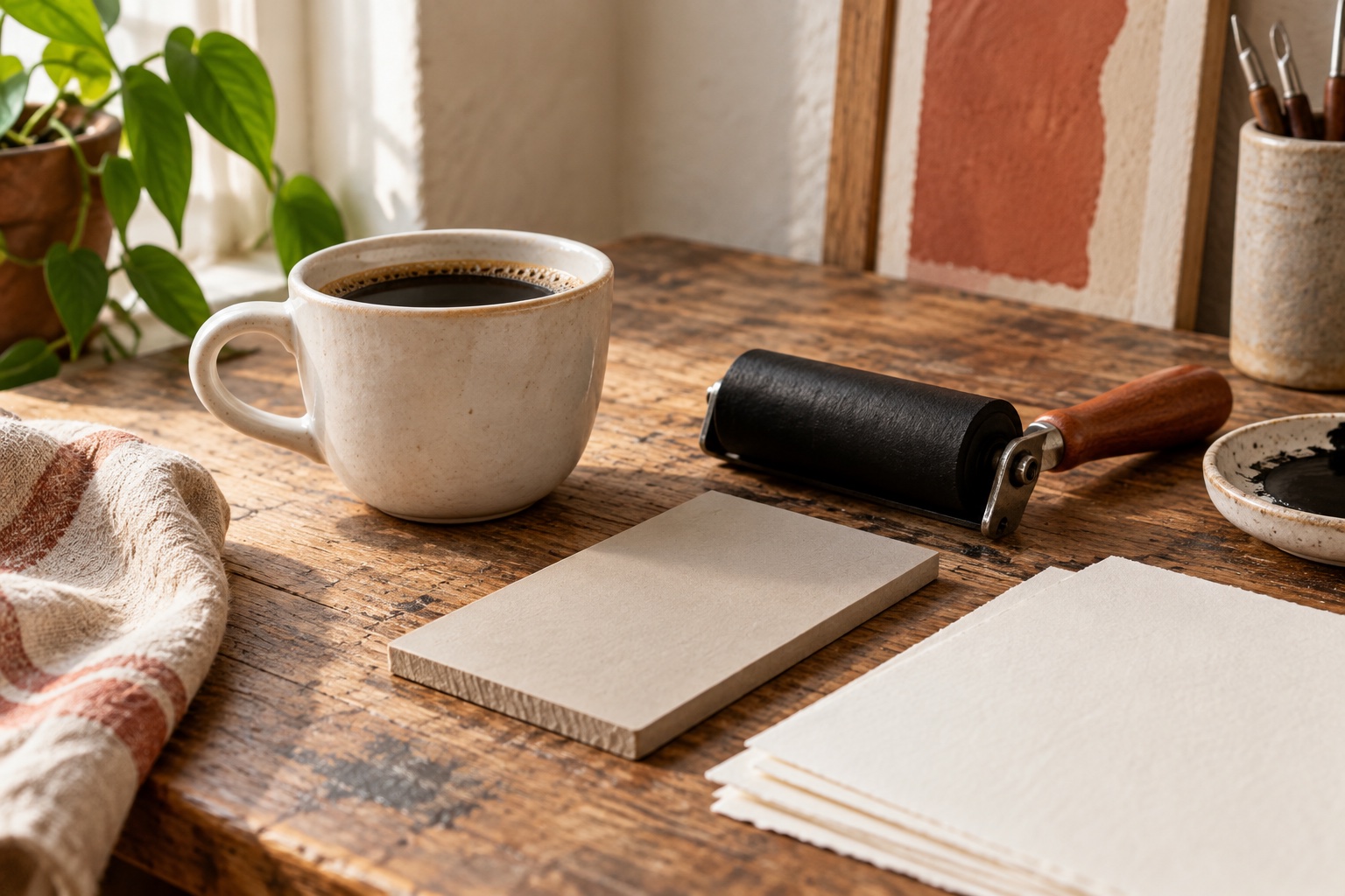 Symbolisches Stillleben mit Kaffeetasse, Farbwalze, leerer Druckplatte und Papierbögen auf einem Holztisch.