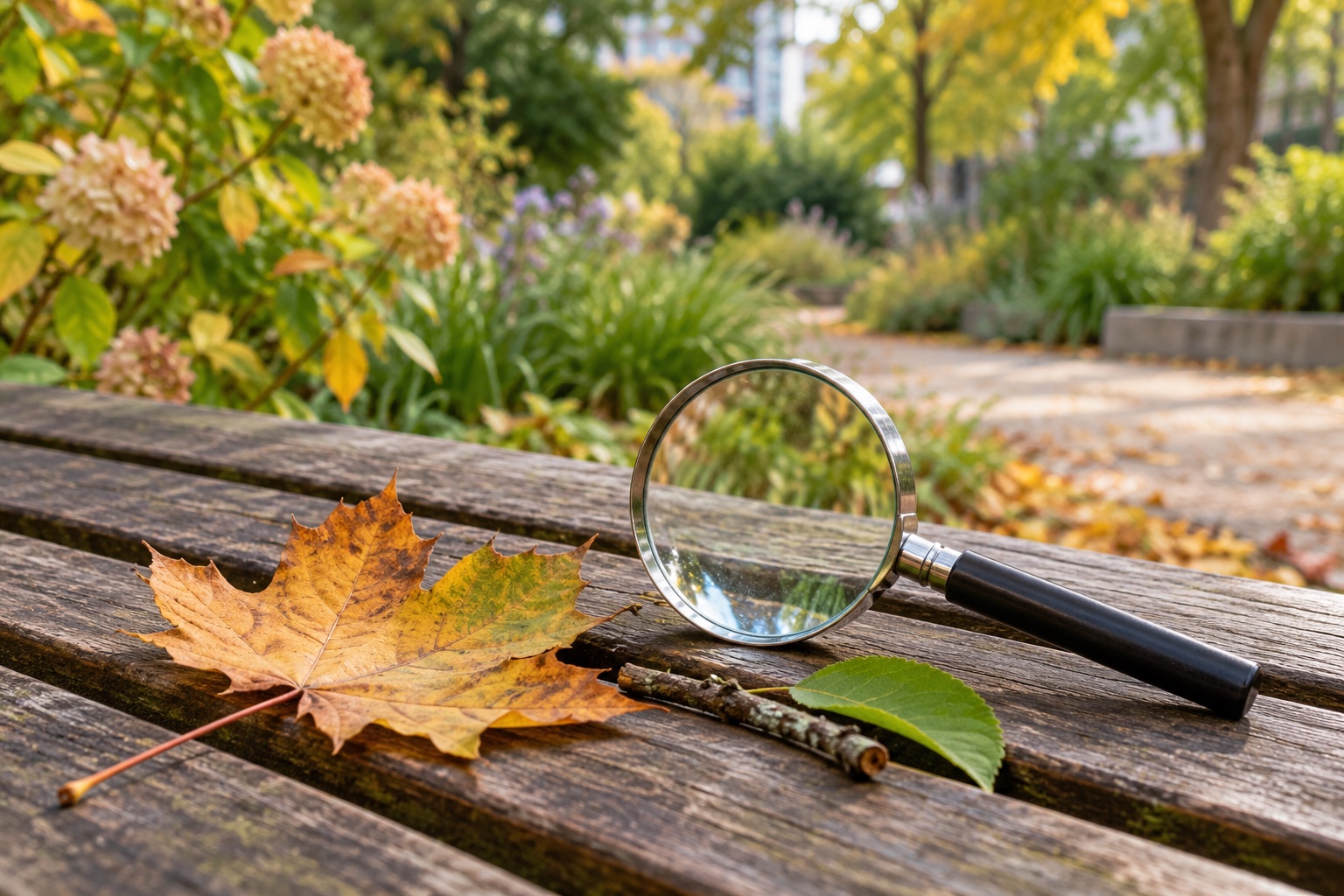 Symbolisches Herbststillleben mit Lupe, Ahornblatt, grünem Blatt und Zweig auf einer Holzbank vor unscharfer Bepflanzung.