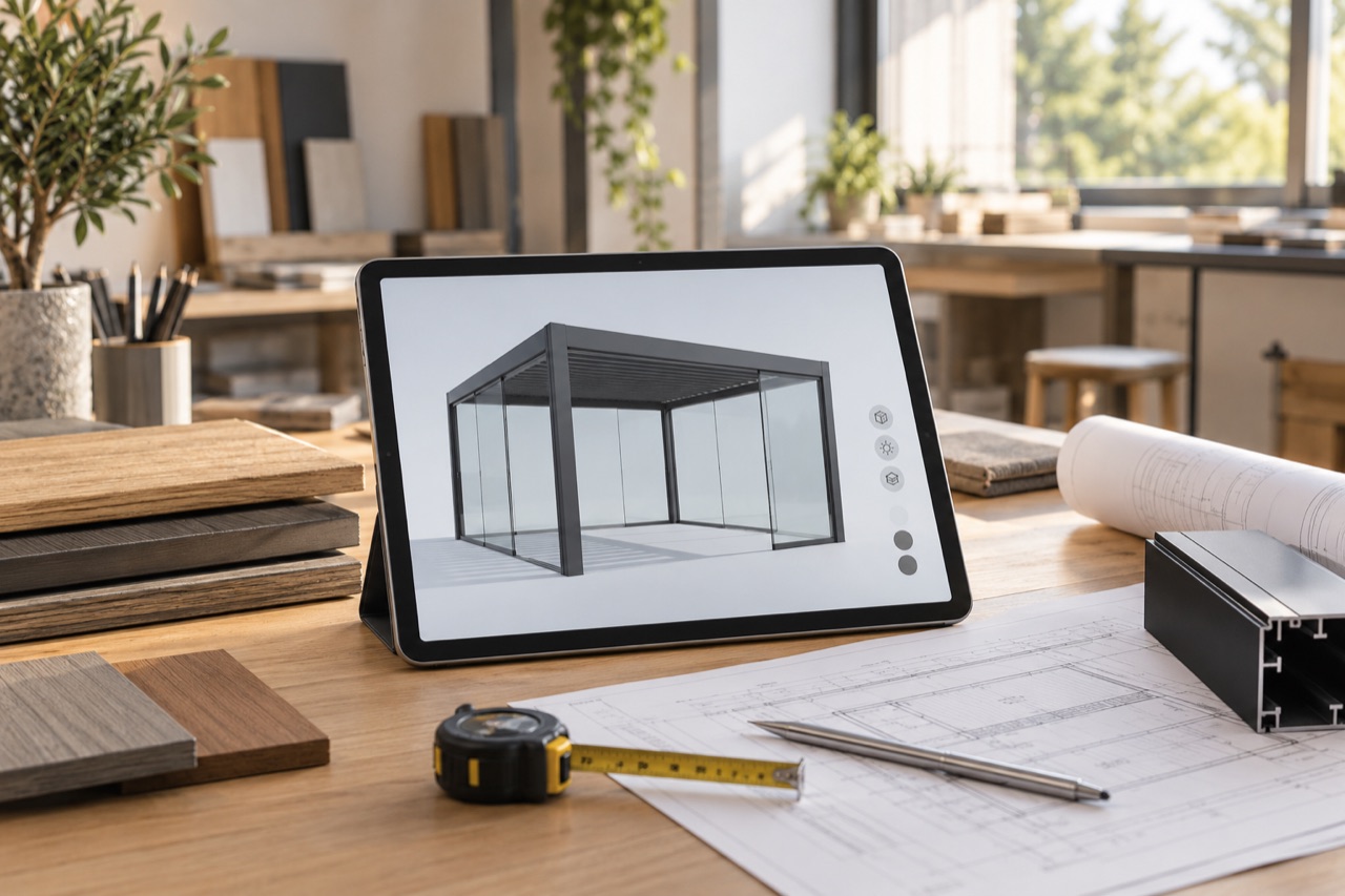 Tablet mit einer beispielhaften 3D-Pergola auf einem Arbeitstisch mit Materialmustern.