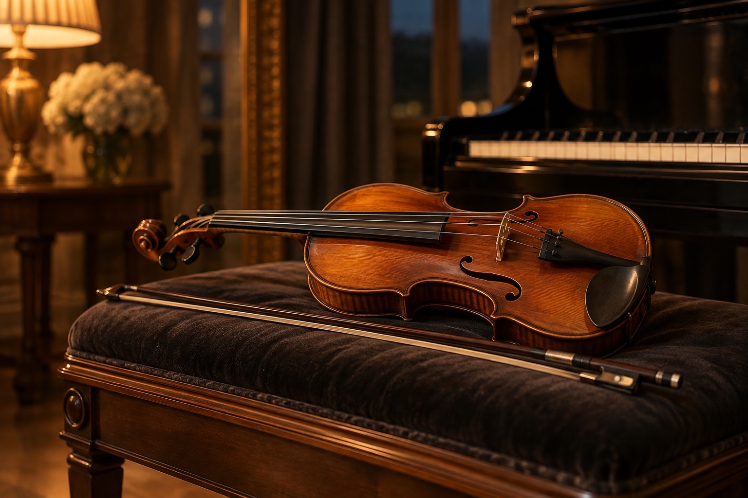 Symbolisches Stillleben mit Violine und Bogen auf einer gepolsterten Bank, Klaviertasten im Hintergrund und warmem Lampenlicht.