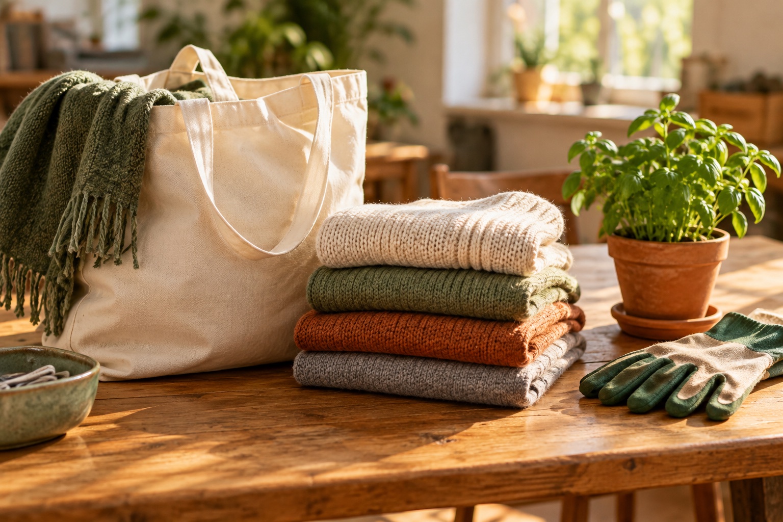 Symbolisches Stillleben mit Stofftasche, gefalteter Strickkleidung, Gartenhandschuhen und einem kleinen Kräutertopf.