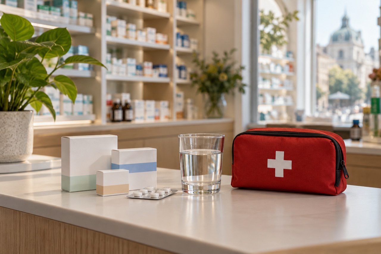 Unbeschriftete Arzneimittelschachteln und ein Erste-Hilfe-Beutel an einem Apothekentresen