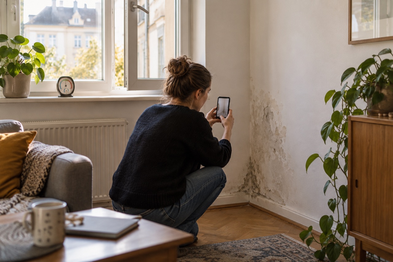 Feuchte Wandstelle in einer Wohnung wird mit einem Smartphone dokumentiert
