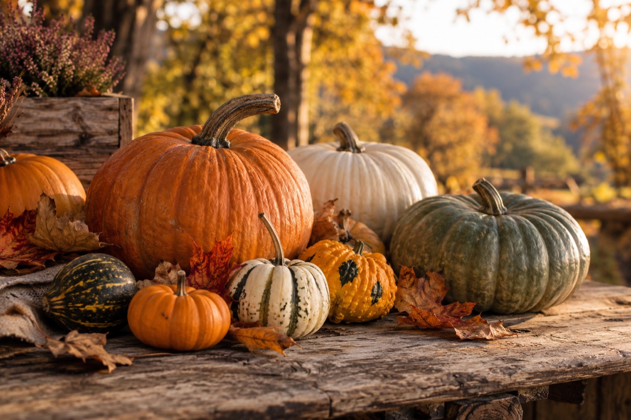Symbolisches Herbststillleben mit orangefarbenen, weißen und grünen Kürbissen auf einem Holztisch.