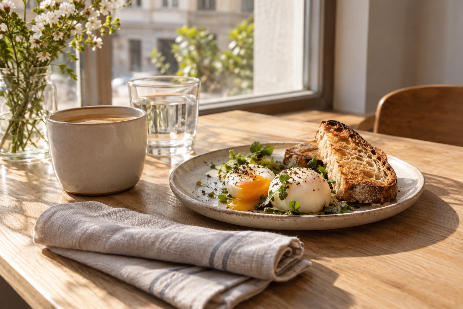 Symbolisches Frühstück mit Kaffeetasse, Eiern, geröstetem Brot, Wasserglas und Leinenserviette auf einem Holztisch.