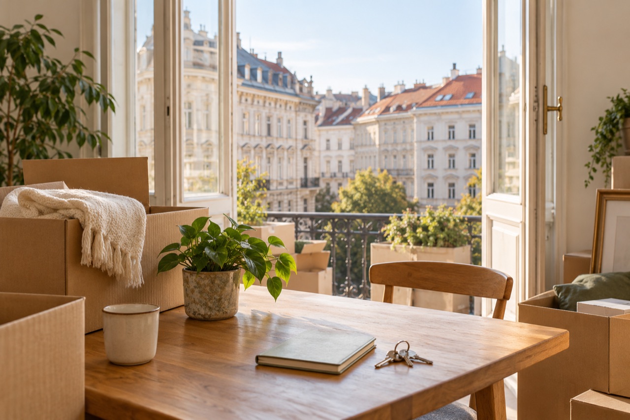 Umzugskartons, eine Pflanze und Wohnungsschlüssel in einer hellen Wohnung mit Blick auf Wiener Wohnhäuser.