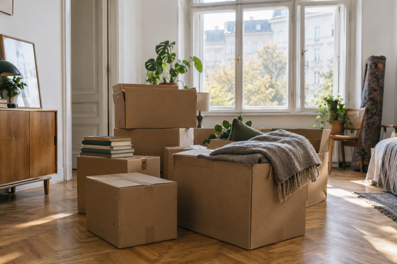 Umzugskartons in einer hellen Wohnung
