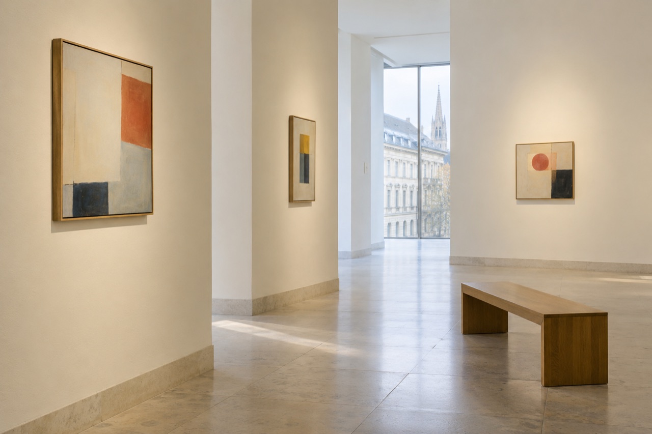 Symbolisches Galeriebild mit erfundenen abstrakten Gemälden, hellen Wänden und einer Holzbank.