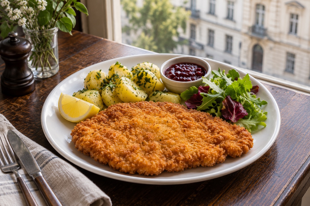 Symbolisches Gericht: goldbraunes pflanzliches Schnitzel mit Erdäpfeln, Zitrone und Salat.