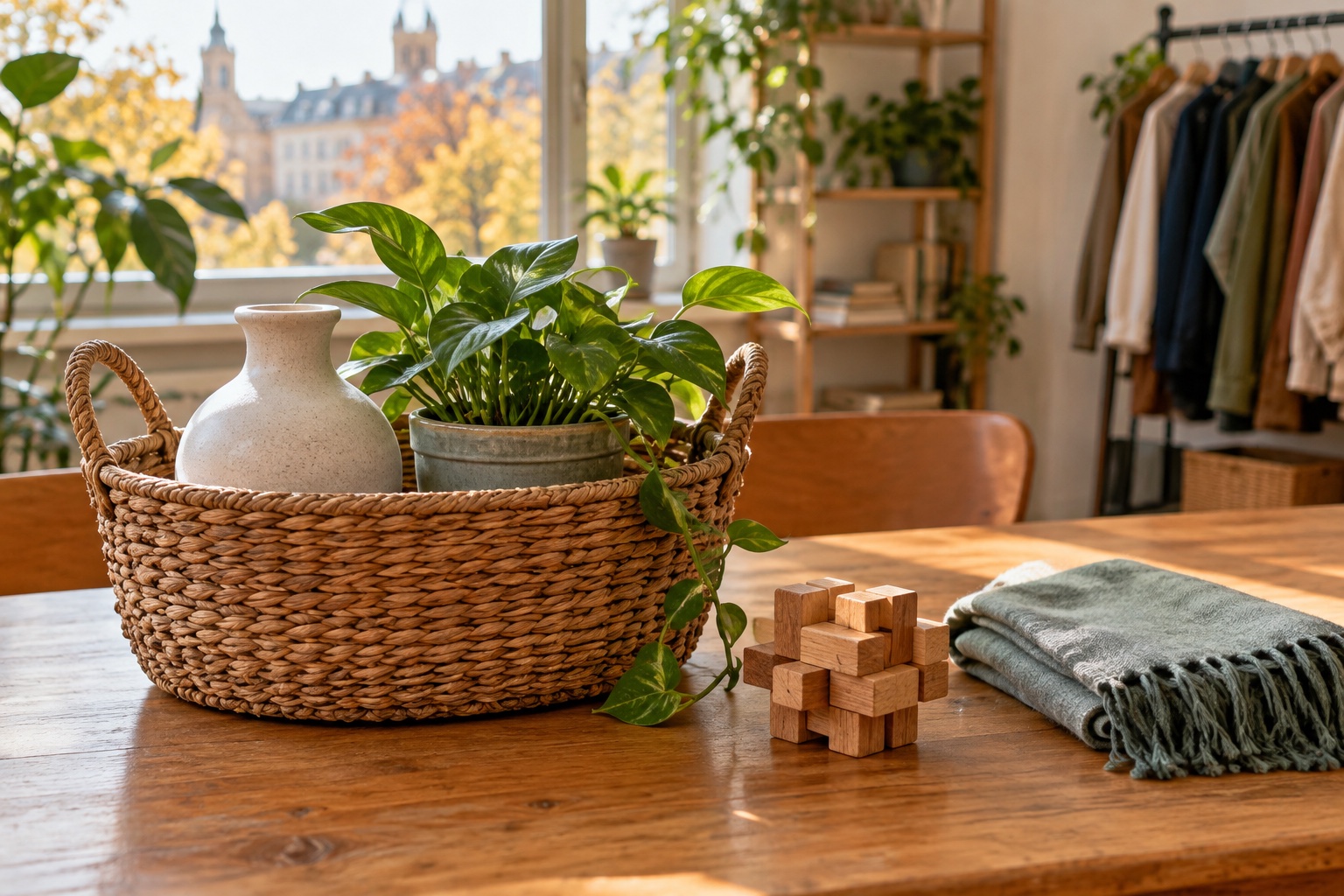 Symbolisches Stillleben mit geflochtenem Korb, Keramikvase, Topfpflanze, Holzpuzzle und gefaltetem Schal auf einem Tisch.