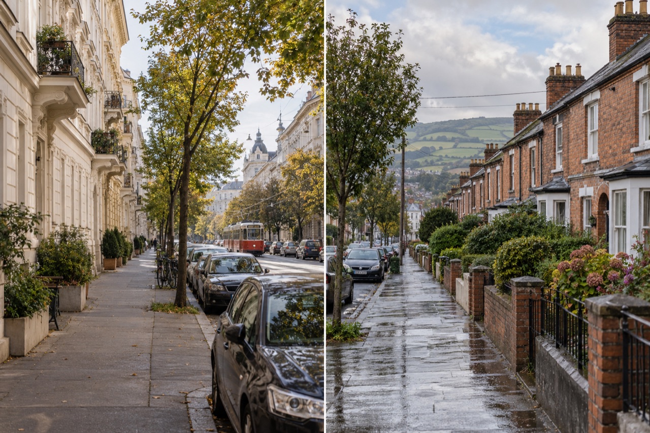 Zweiteilige Ansicht: Wiener Wohnstraße mit Straßenbahn und irische Wohnstraße mit Backsteinhäusern und Vorgärten.
